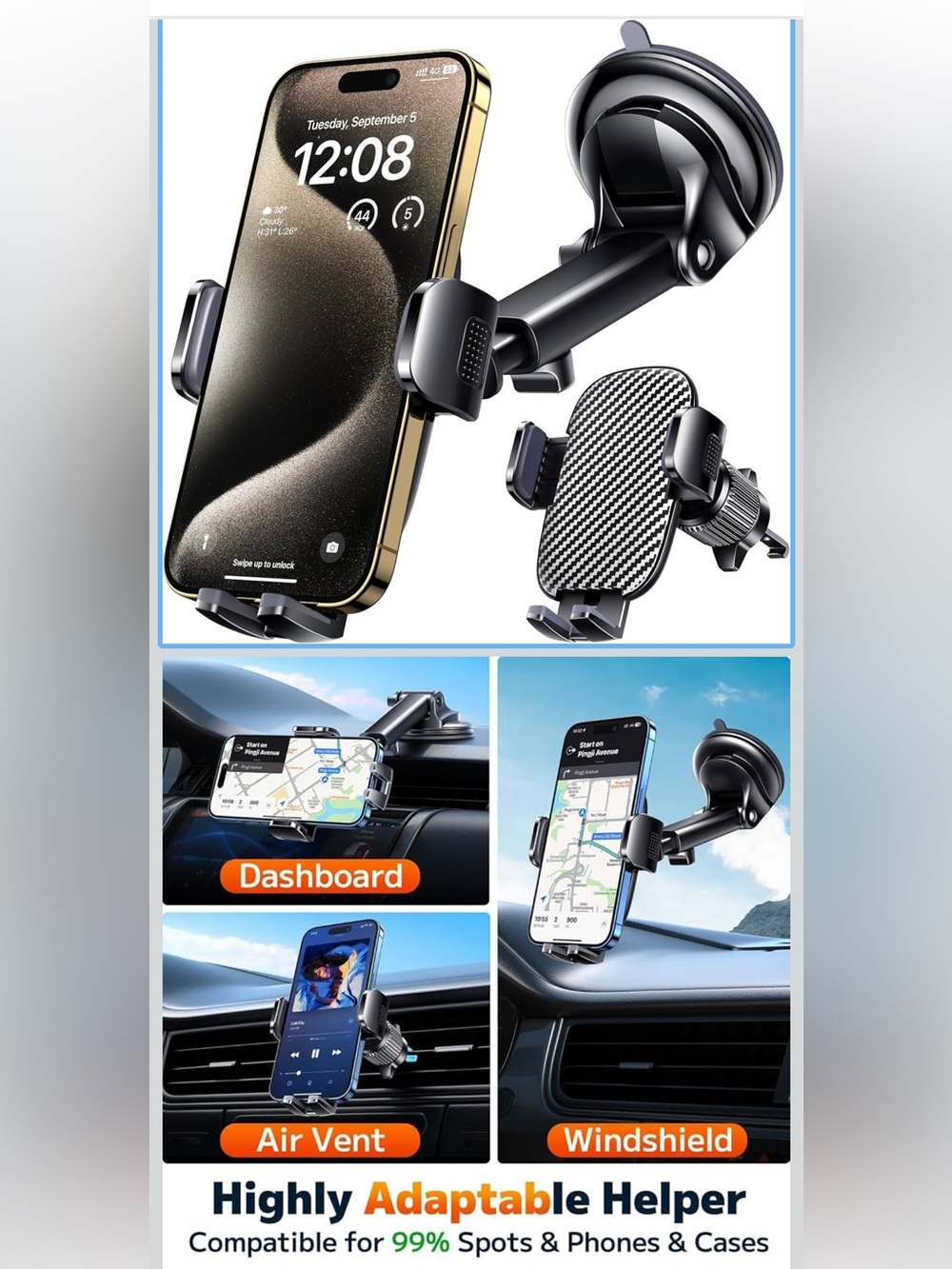 Universal Car Phone Mount Holder - Gold/Black